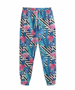 Blue Tropical And Pink Flamingo Print Sweatpants