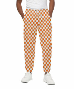 Orange And White Checkered Pattern Print Cotton Sweatpants