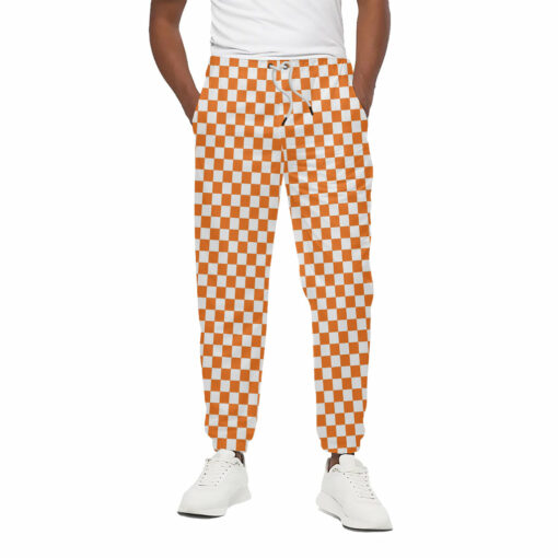 Orange And White Checkered Pattern Print Cotton Sweatpants