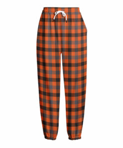 Orange Black And Grey Plaid Print Fleece Lined Knit Pants