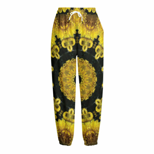 Yellow Flower Kaleidoscope Print Fleece Lined Knit Pants