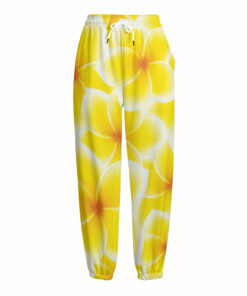 Yellow Frangipani Pattern Print Fleece Lined Knit Pants