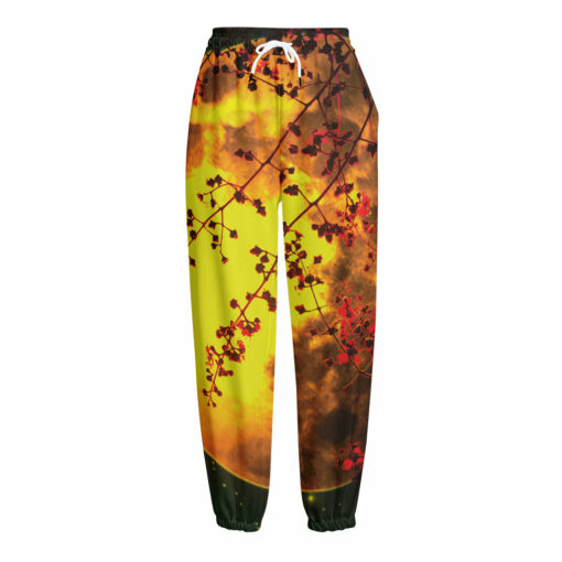 Yellow Full Moon Print Fleece Lined Knit Pants