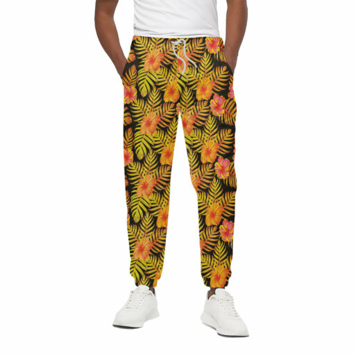 Yellow Hawaiian Tropical Pattern Print Cotton Sweatpants