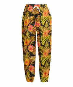 Yellow Hawaiian Tropical Pattern Print Fleece Lined Knit Pants