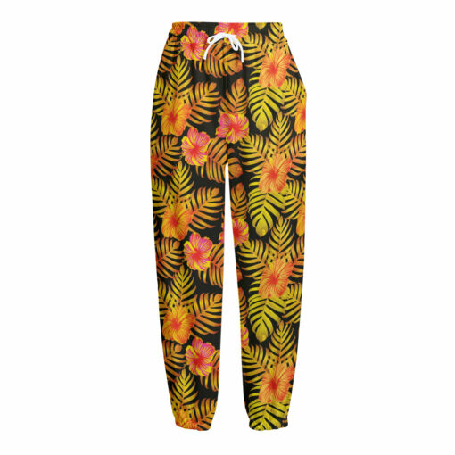 Yellow Hawaiian Tropical Pattern Print Fleece Lined Knit Pants