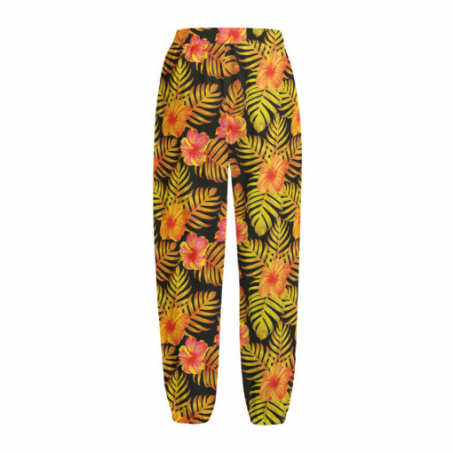 Yellow Hawaiian Tropical Pattern Print Fleece Lined Knit Pants