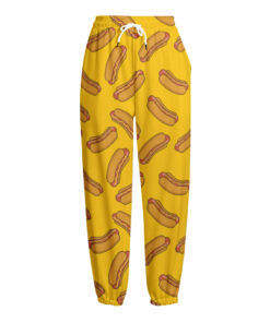 Yellow Hot Dog Pattern Print Fleece Lined Knit Pants