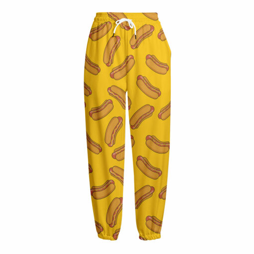 Yellow Hot Dog Pattern Print Fleece Lined Knit Pants