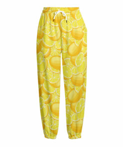 Yellow Lemon Pattern Print Fleece Lined Knit Pants