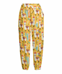 Yellow Llama Pattern Print Fleece Lined Knit Pants