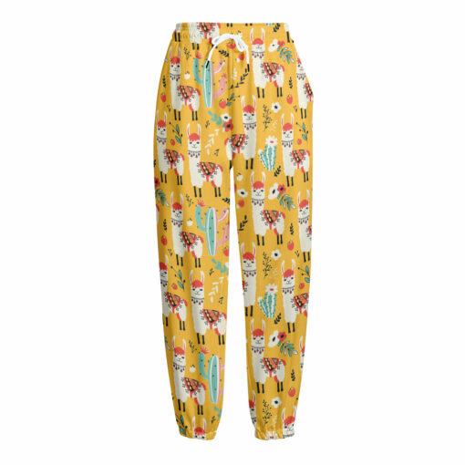 Yellow Llama Pattern Print Fleece Lined Knit Pants
