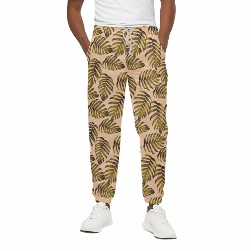 Yellow Monstera Leaves Pattern Print Cotton Sweatpants