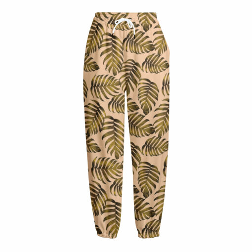 Yellow Monstera Leaves Pattern Print Fleece Lined Knit Pants