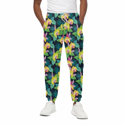 Yellow Orchid Pattern Print Cotton Sweatpants
