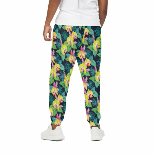 Yellow Orchid Pattern Print Cotton Sweatpants