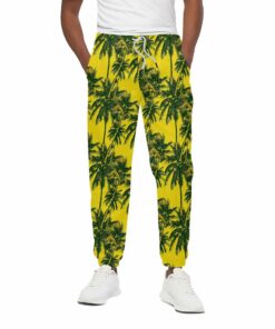 Yellow Palm Tree Pattern Print Cotton Sweatpants