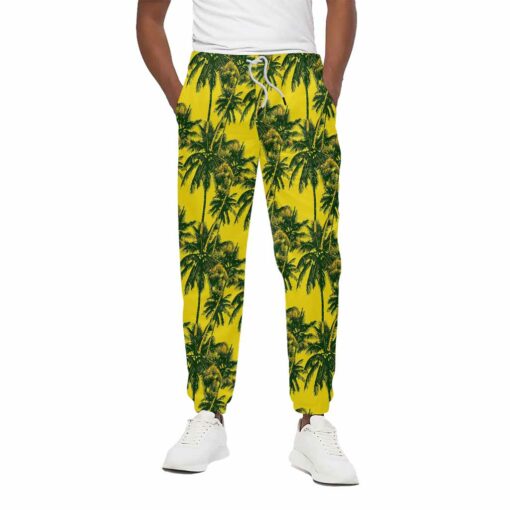 Yellow Palm Tree Pattern Print Cotton Sweatpants