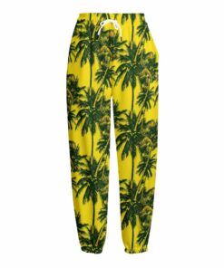 Yellow Palm Tree Pattern Print Fleece Lined Knit Pants