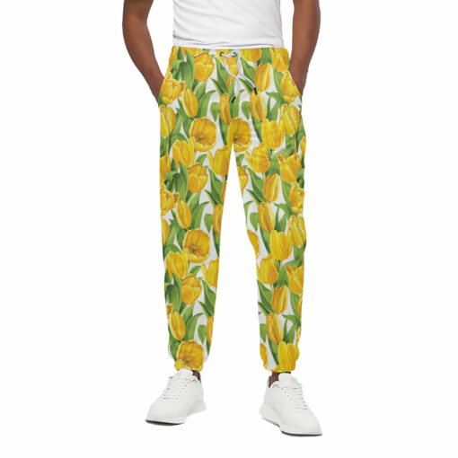 Yellow Spring Tulip Pattern Print Cotton Sweatpants