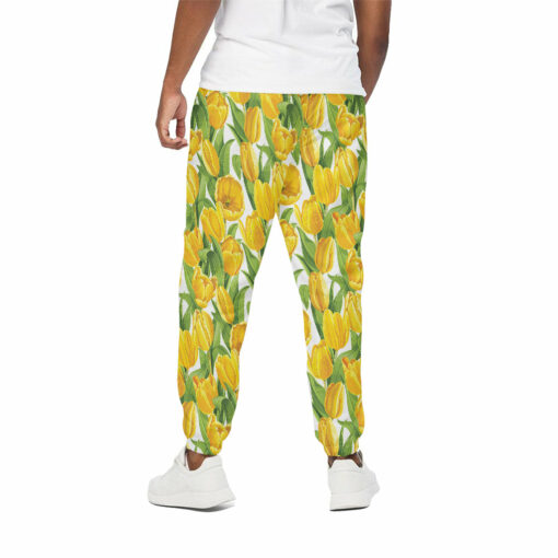 Yellow Spring Tulip Pattern Print Cotton Sweatpants