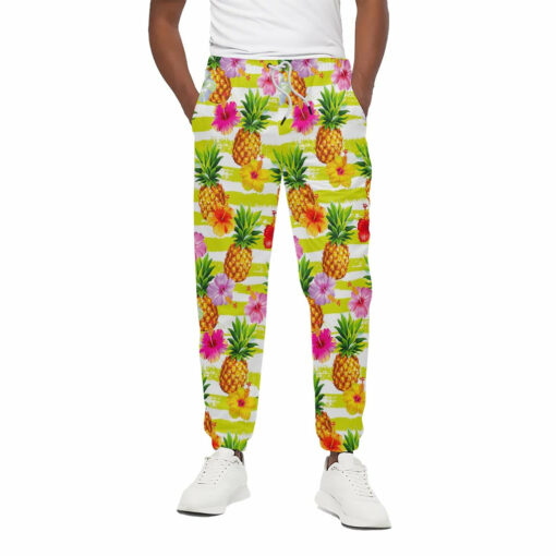 Yellow Striped Pineapple Pattern Print Cotton Sweatpants