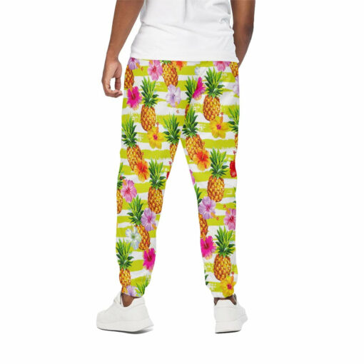 Yellow Striped Pineapple Pattern Print Cotton Sweatpants