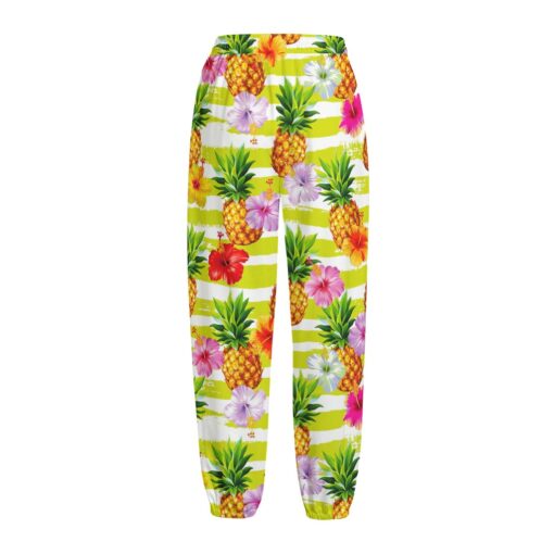Yellow Striped Pineapple Pattern Print Fleece Lined Knit Pants