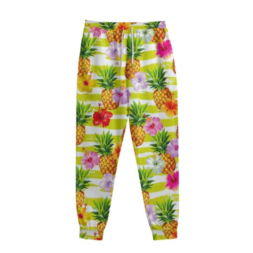 Yellow Striped Pineapple Pattern Print Sweatpants