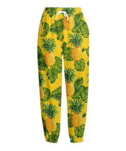 Yellow Tropical Pineapple Pattern Print Fleece Lined Knit Pants