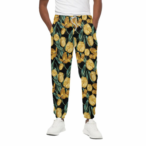 Yellow Tulip Floral Pattern Print Cotton Sweatpants