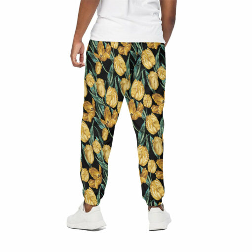Yellow Tulip Floral Pattern Print Cotton Sweatpants