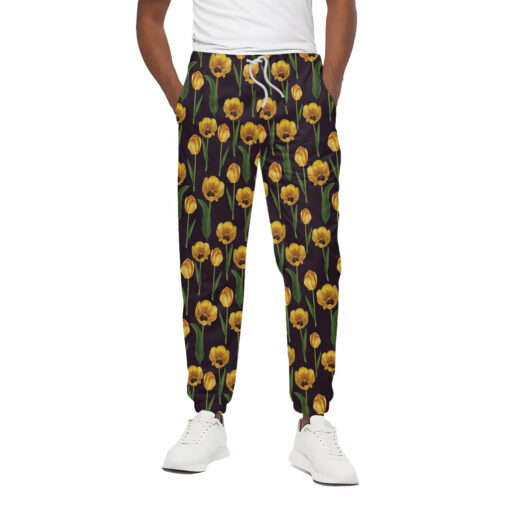 Yellow Tulip Flower Pattern Print Cotton Sweatpants