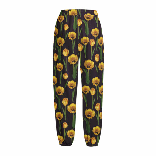 Yellow Tulip Flower Pattern Print Fleece Lined Knit Pants