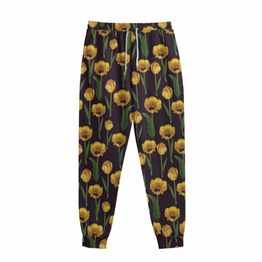 Yellow Tulip Flower Pattern Print Sweatpants