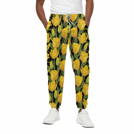 Yellow Tulip Pattern Print Cotton Sweatpants