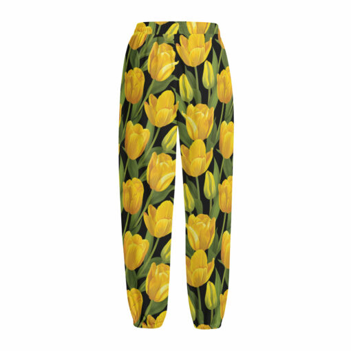 Yellow Tulip Pattern Print Fleece Lined Knit Pants