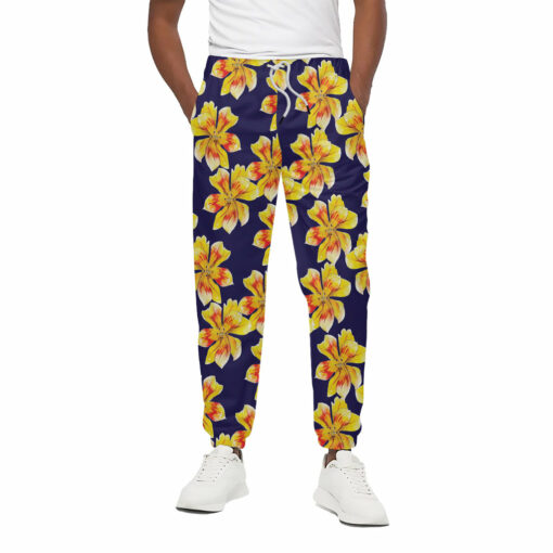 Yellow Watercolor Lily Pattern Print Cotton Sweatpants