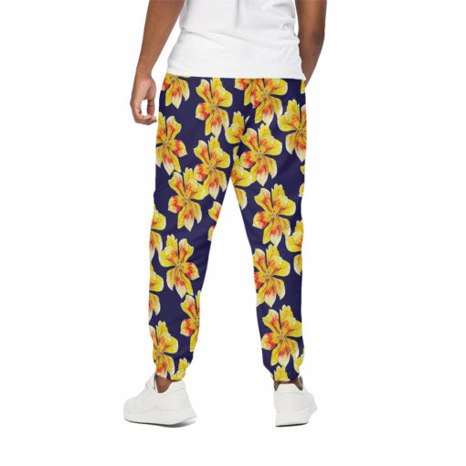 Yellow Watercolor Lily Pattern Print Cotton Sweatpants