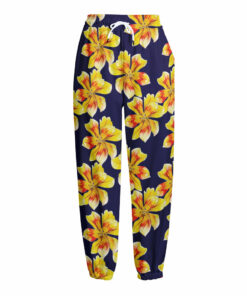 Yellow Watercolor Lily Pattern Print Fleece Lined Knit Pants