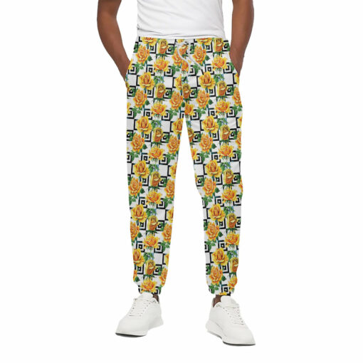 Yellow Watercolor Rose Print Cotton Sweatpants
