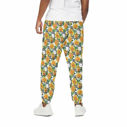 Yellow Watercolor Rose Print Cotton Sweatpants