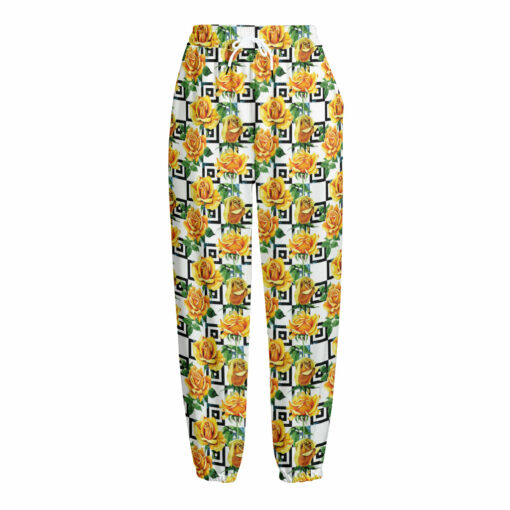 Yellow Watercolor Rose Print Fleece Lined Knit Pants