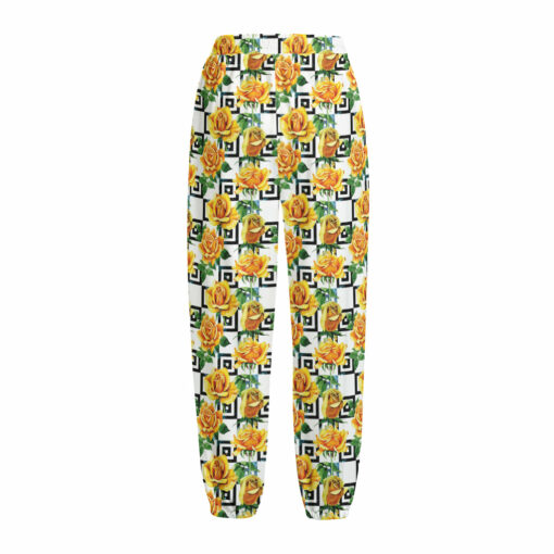 Yellow Watercolor Rose Print Fleece Lined Knit Pants