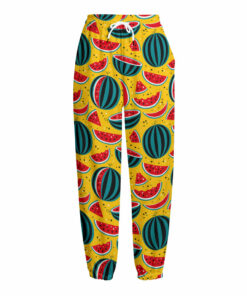 Yellow Watermelon Pieces Pattern Print Fleece Lined Knit Pants