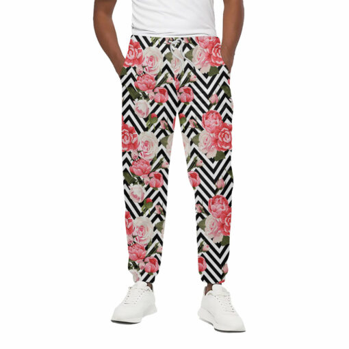 Zigzag Peony And Rose Pattern Print Cotton Sweatpants