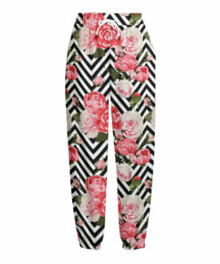 Zigzag Peony And Rose Pattern Print Fleece Lined Knit Pants