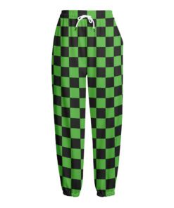 Black And Green Checkered Print Fleece Lined Knit Pants