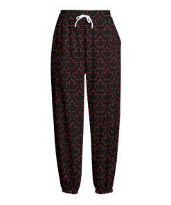 Black And Red Canadian Maple Leaf Print Fleece Lined Knit Pants
