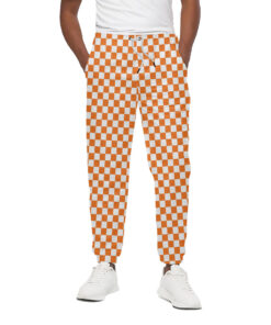 Orange And White Checkered Pattern Print Cotton Sweatpants